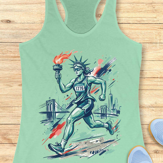Mint green tank top with a graphic design of a running Lady Liberty holding a torch on a wooden surface.