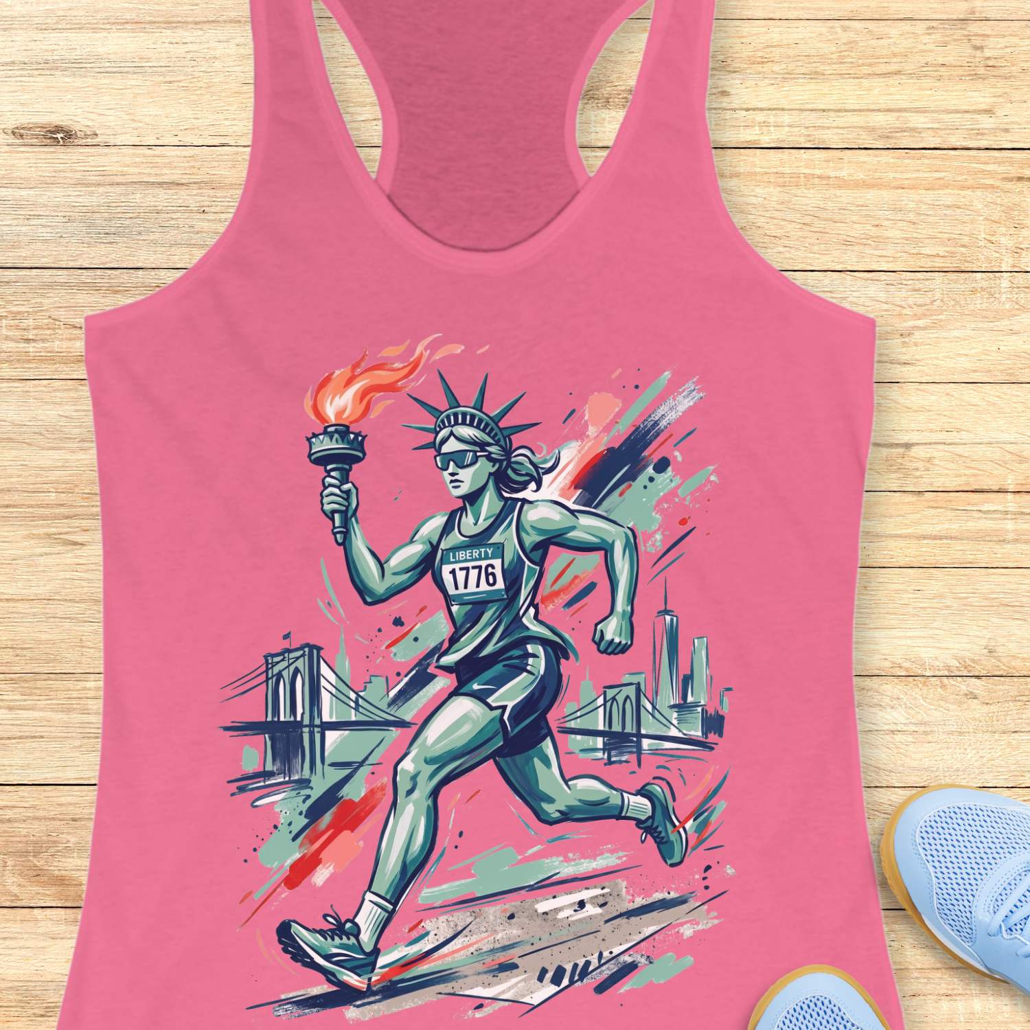 Pink tank top with a graphic design of a running Lady Liberty  holding a torch on a wooden surface.