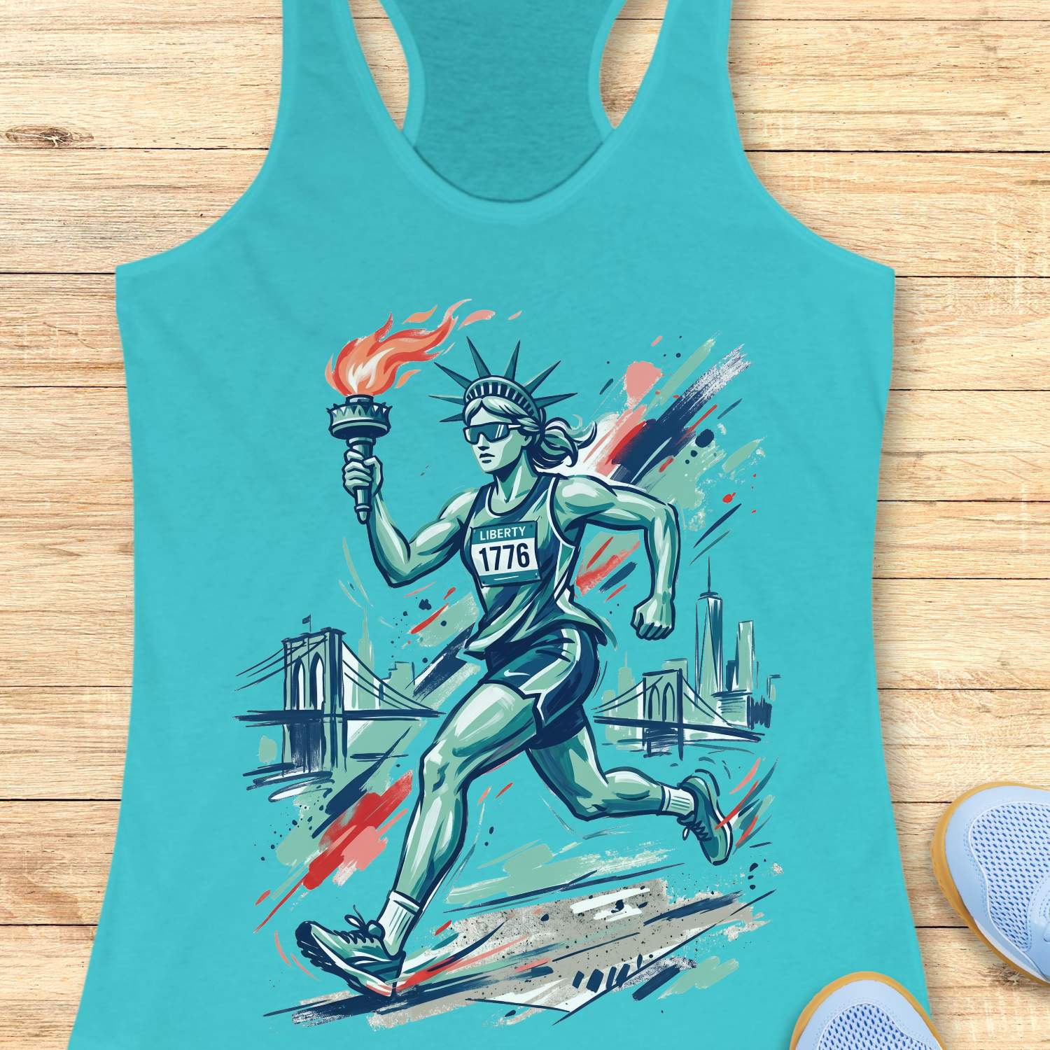 Turquoise tank top with a graphic design of a running Lady Liberty  holding a torch on a wooden surface.