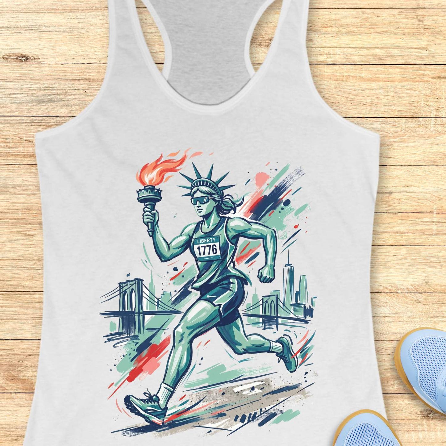 White tank top with a graphic design of a running Lady Liberty  holding a torch on a wooden surface.