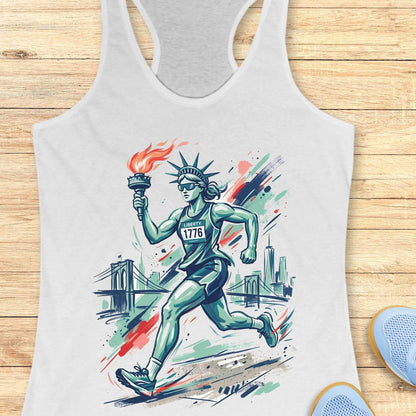 White tank top with a graphic design of a running Lady Liberty  holding a torch on a wooden surface.