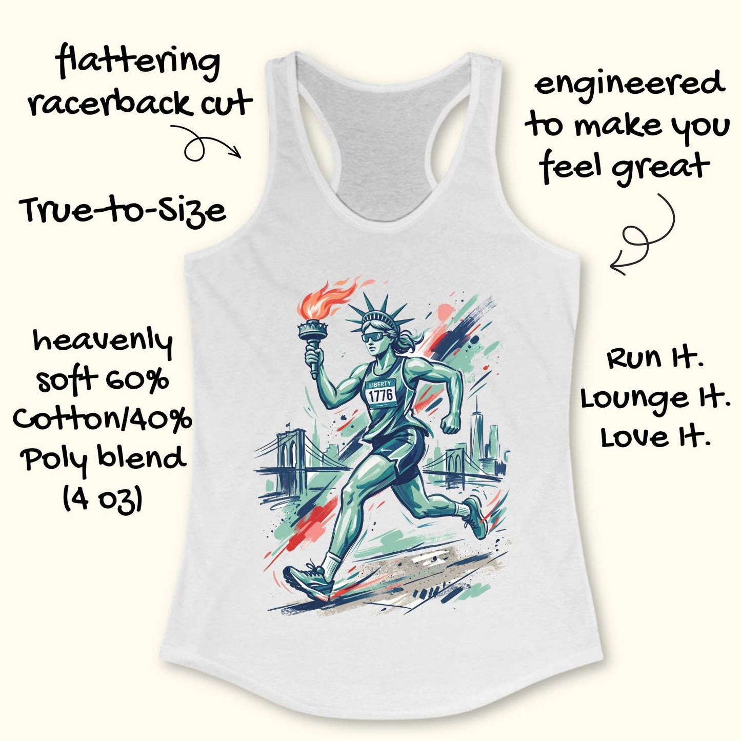White tank top with a graphic of a running Lady Liberty  holding a torch, on a white background.