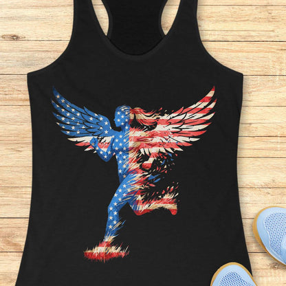 Black tank top with a colorful eagle design on a wooden surface