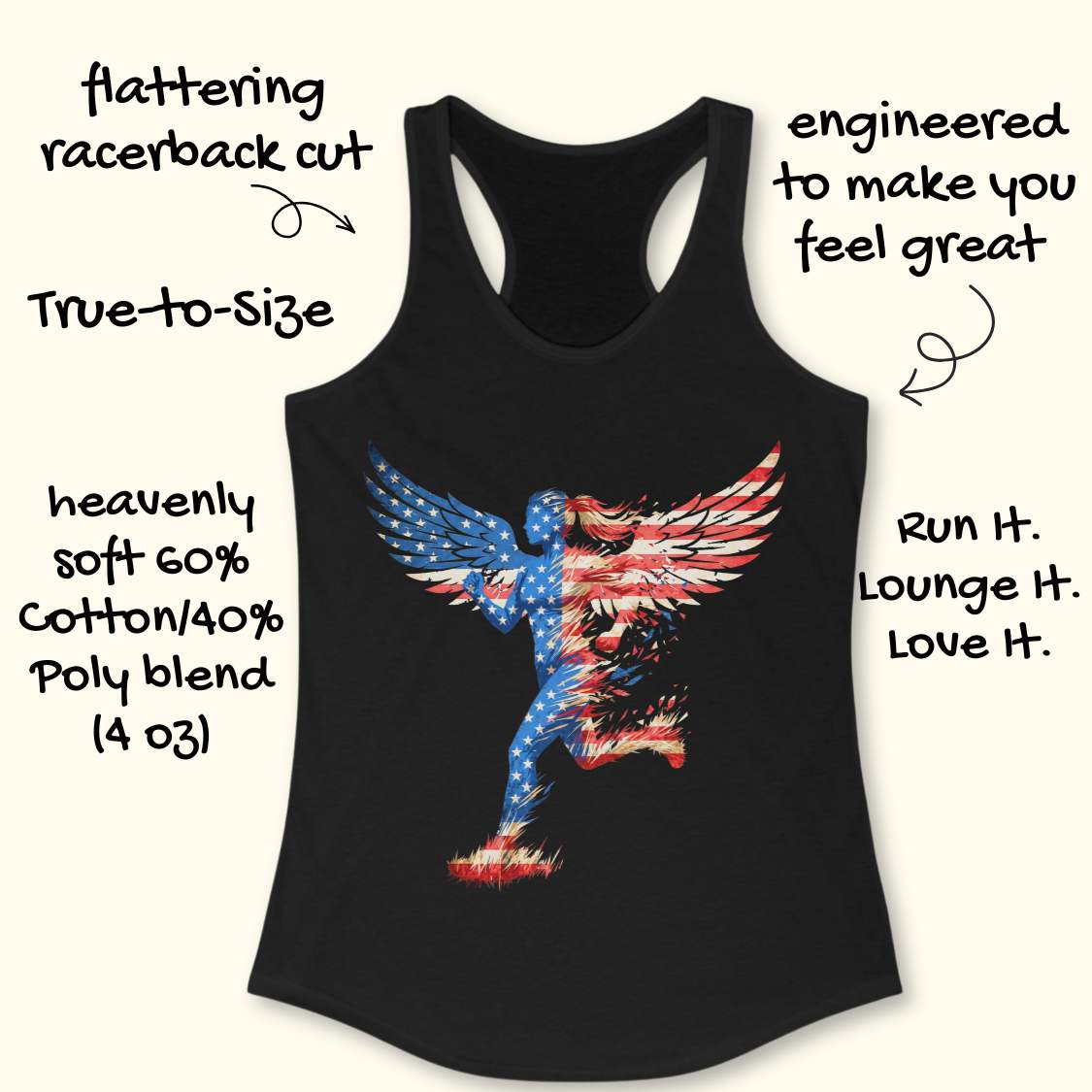 Black tank top with a colorful graphic design on a white background