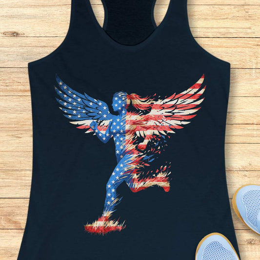 navy tank top with an eagle design featuring the American flag on a wooden surface.