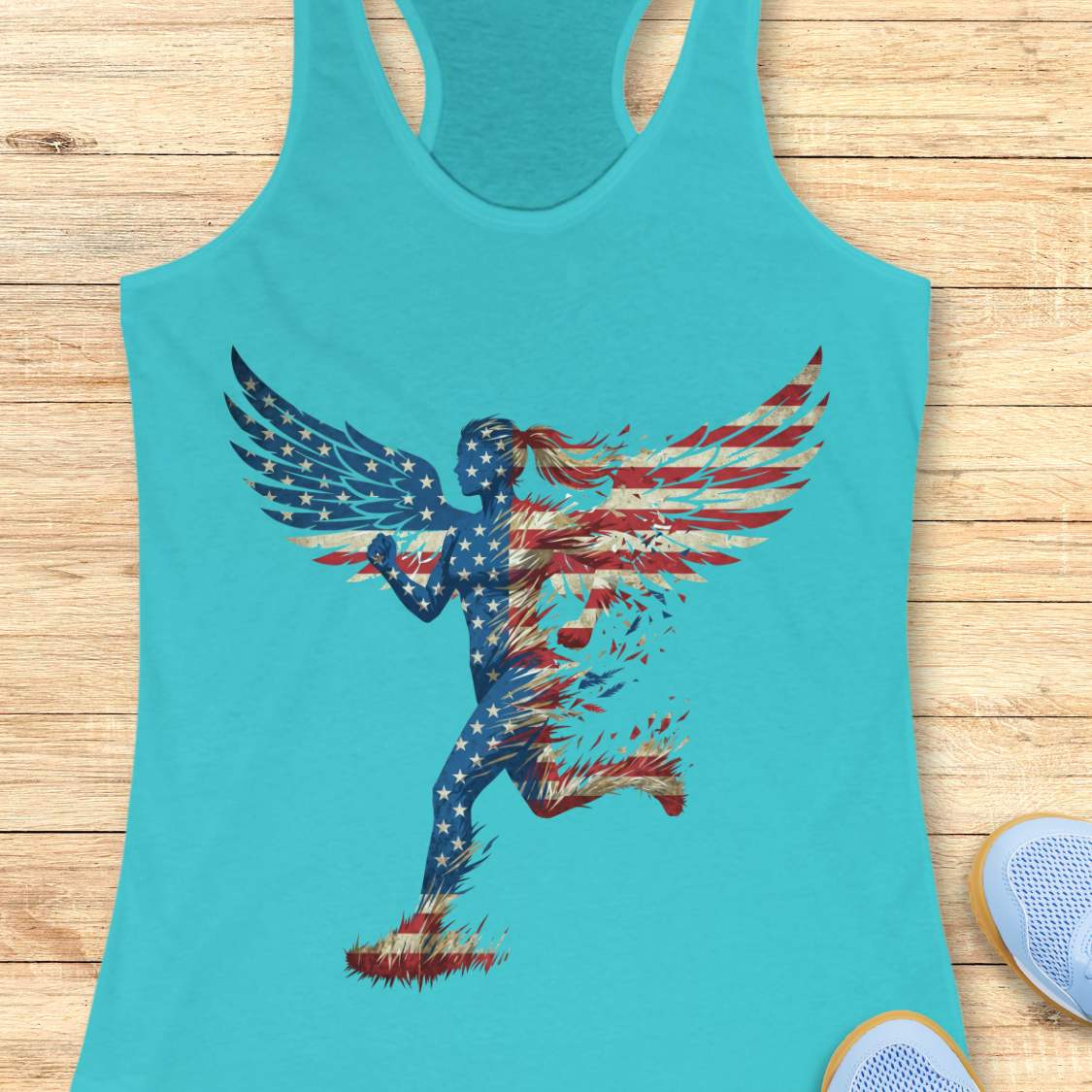 Turquoise tank top with American flag design on a wooden surface