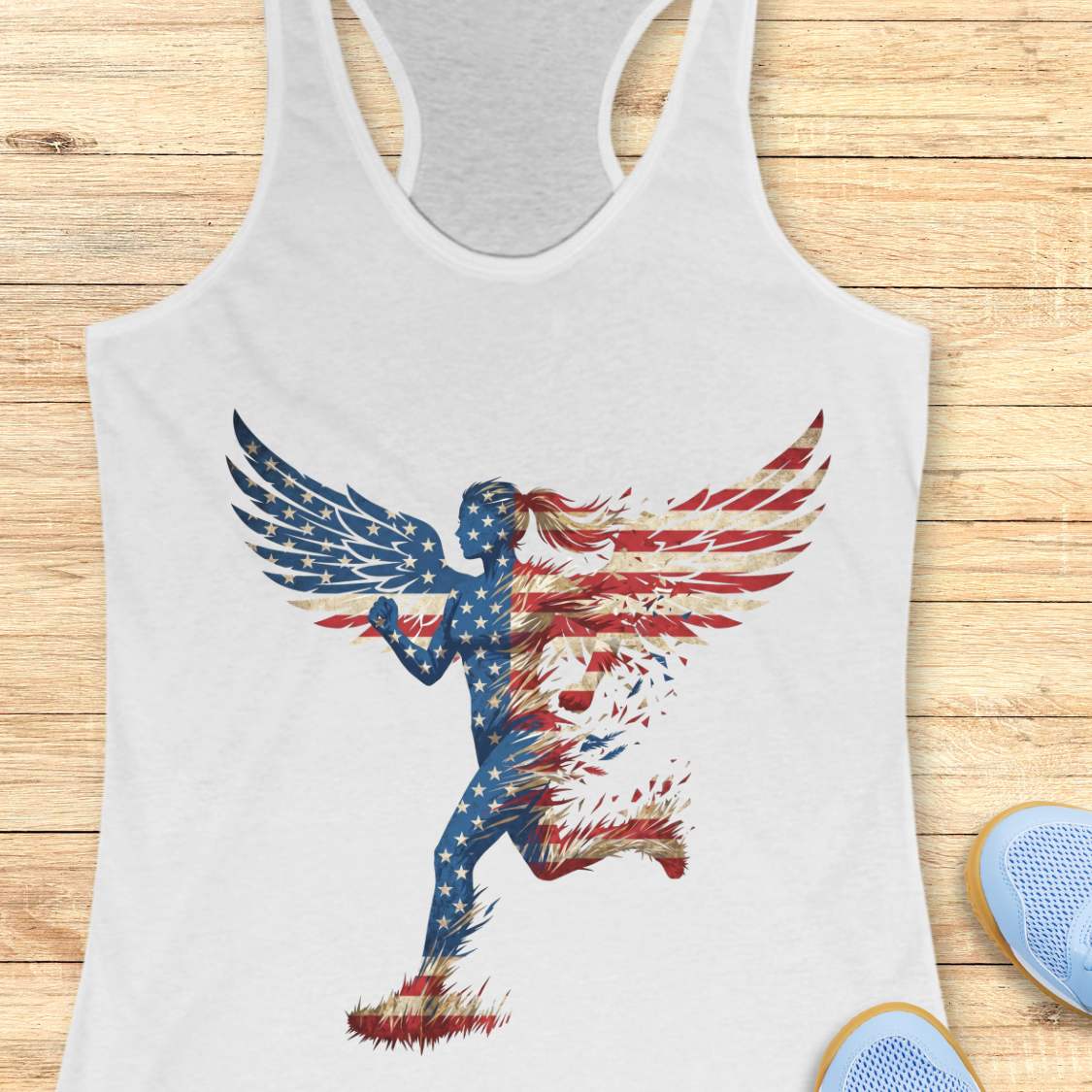 white tank top with American flag design on a wooden surface