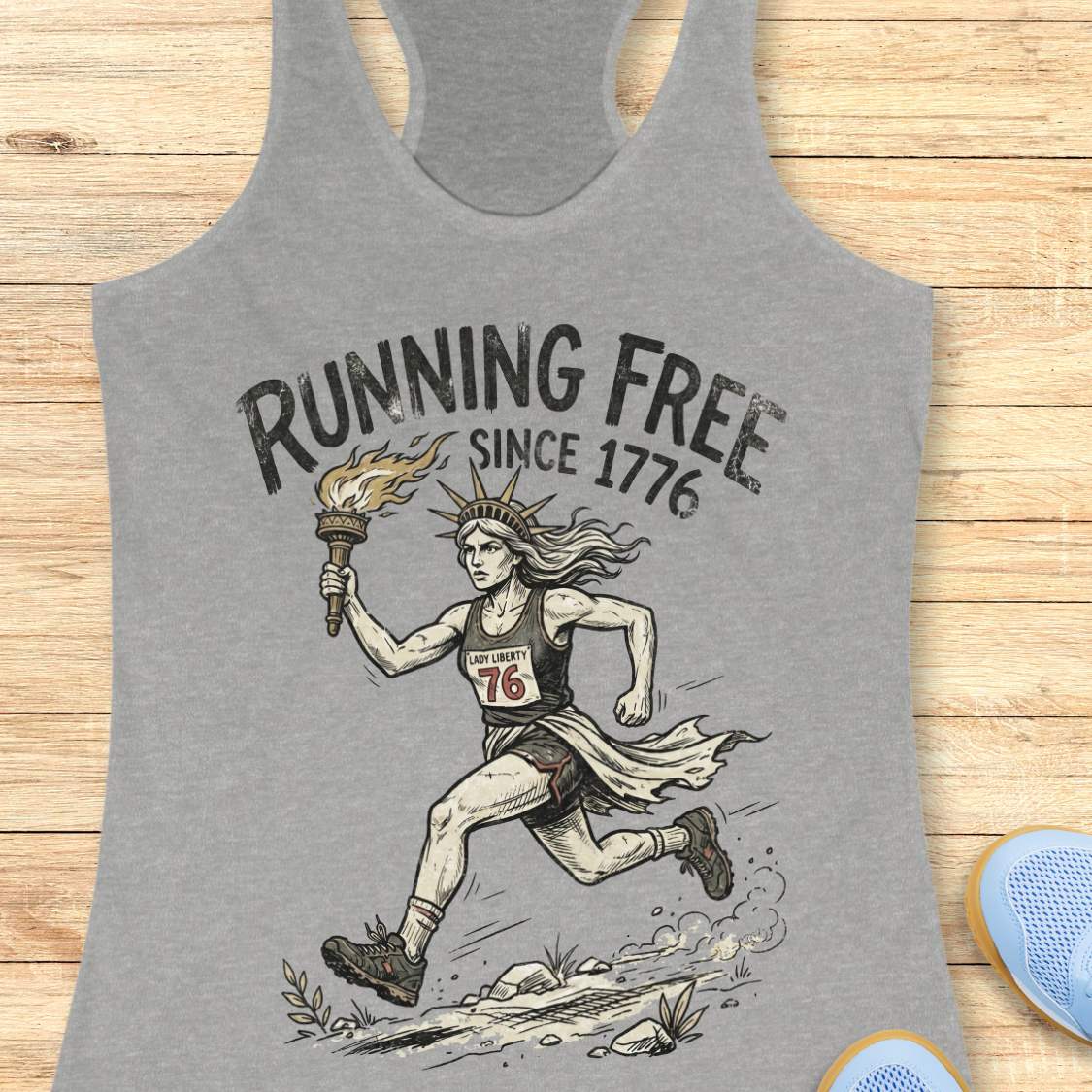 grey tank top with a design of lady liberty running and text - 'running free since 1776', on a wooden surface.