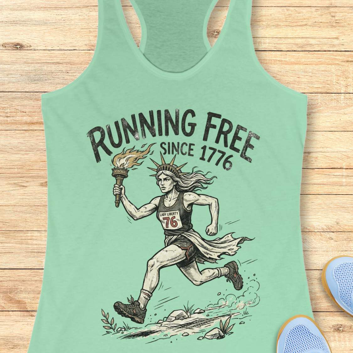mint tank top with a design of lady liberty running and text - 'running free since 1776', on a wooden surface.