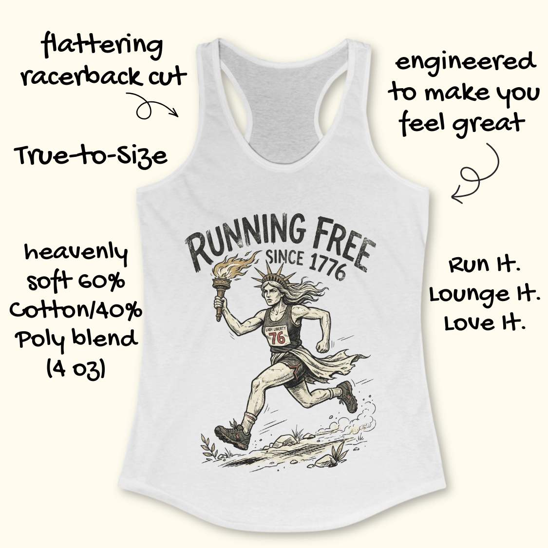 white tank top with a design of lady liberty running and text - 'running free since 1776', on a white surface.