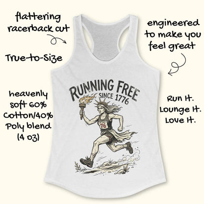 white tank top with a design of lady liberty running and text - 'running free since 1776', on a white surface.