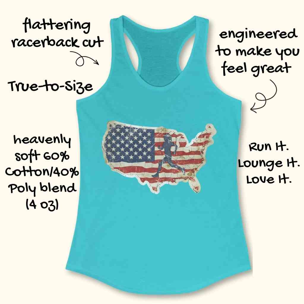 Women's apparel a vibrant teal racerback tank top featuring a distressed American flag map of the USA with a dark silhouette of a runner over the red and white stripes
