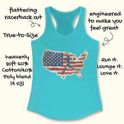 Women's apparel a vibrant teal racerback tank top featuring a distressed American flag map of the USA with a dark silhouette of a runner over the red and white stripes