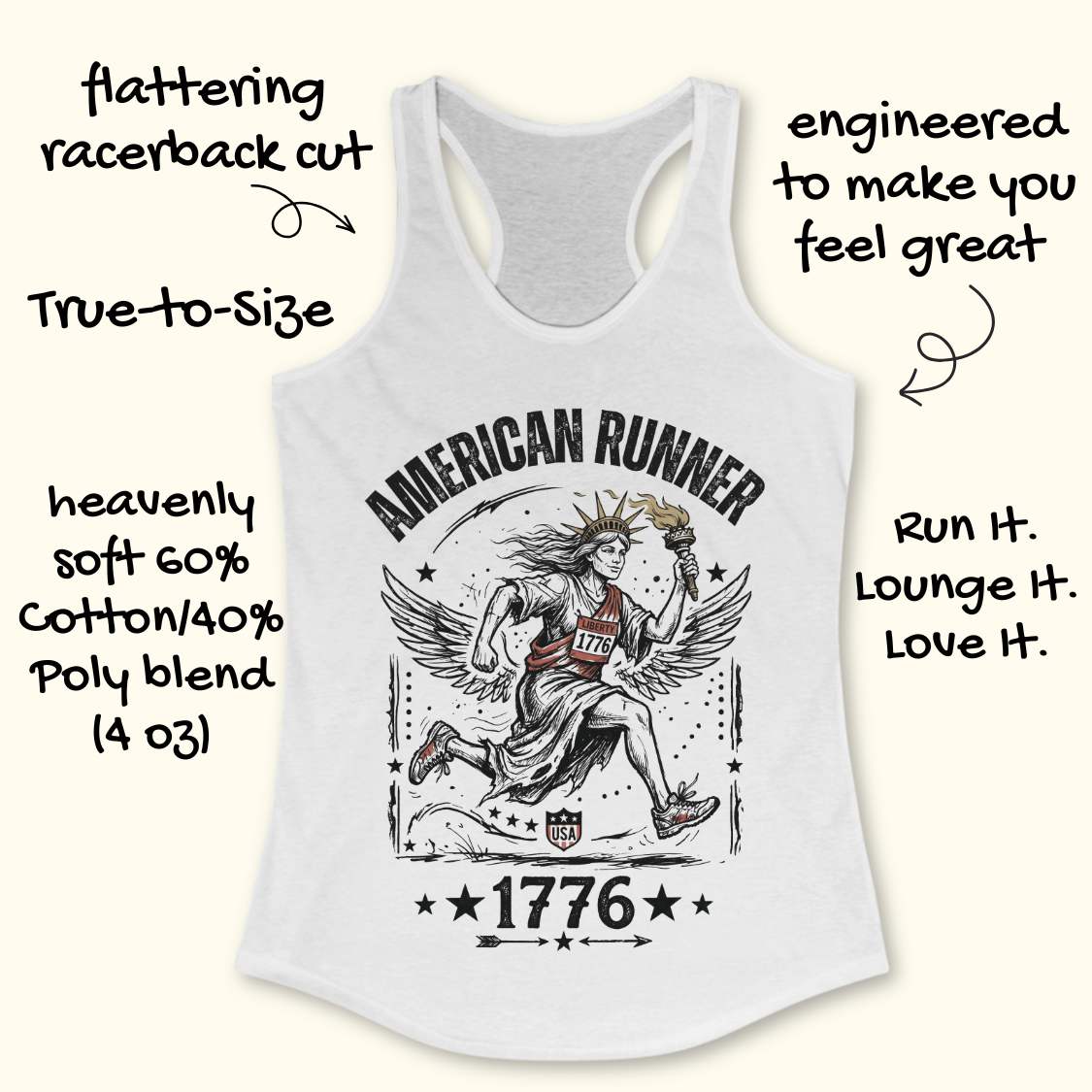 white tank top with a design of lady liberty running and text - 'American runner 1776', on a white surface.