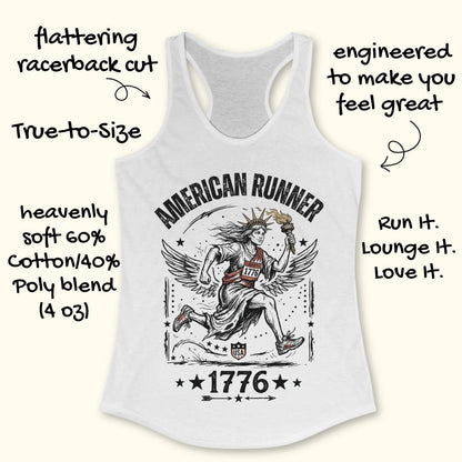 white tank top with a design of lady liberty running and text - 'American runner 1776', on a white surface.