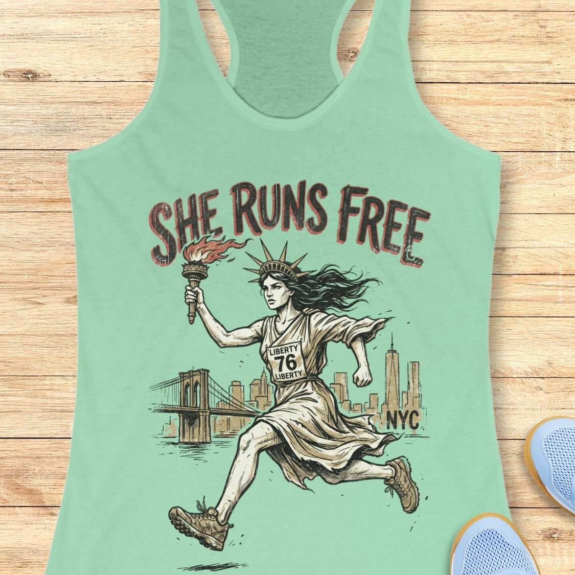mint tank top with a design of lady liberty running and text - 'she runs free NYC', on a wooden surface.