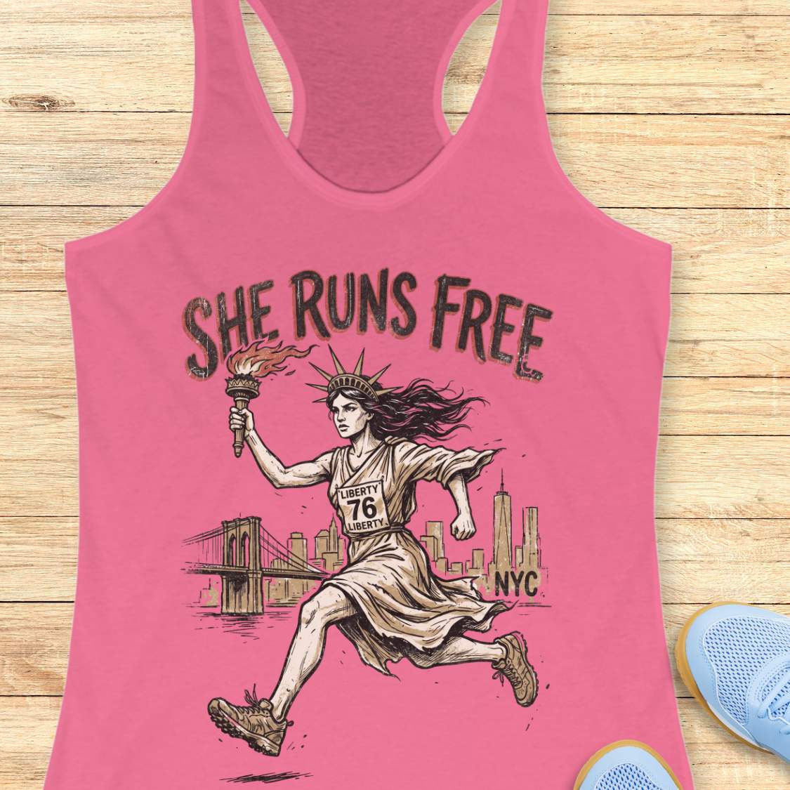 pink tank top with a design of lady liberty running and text - 'she runs free NYC', on a wooden surface.