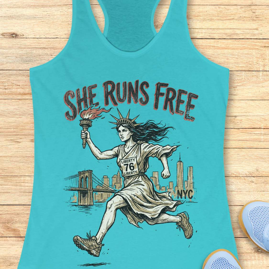 blue tank top with a design of lady liberty running and text - 'she runs free NYC', on a wooden surface.