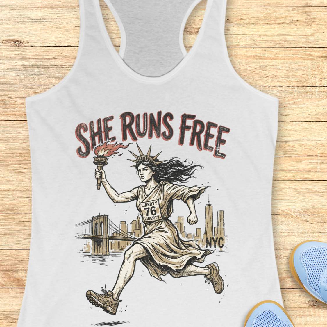 white tank top with a design of lady liberty running and text - 'she runs free NYC', on a wooden surface.