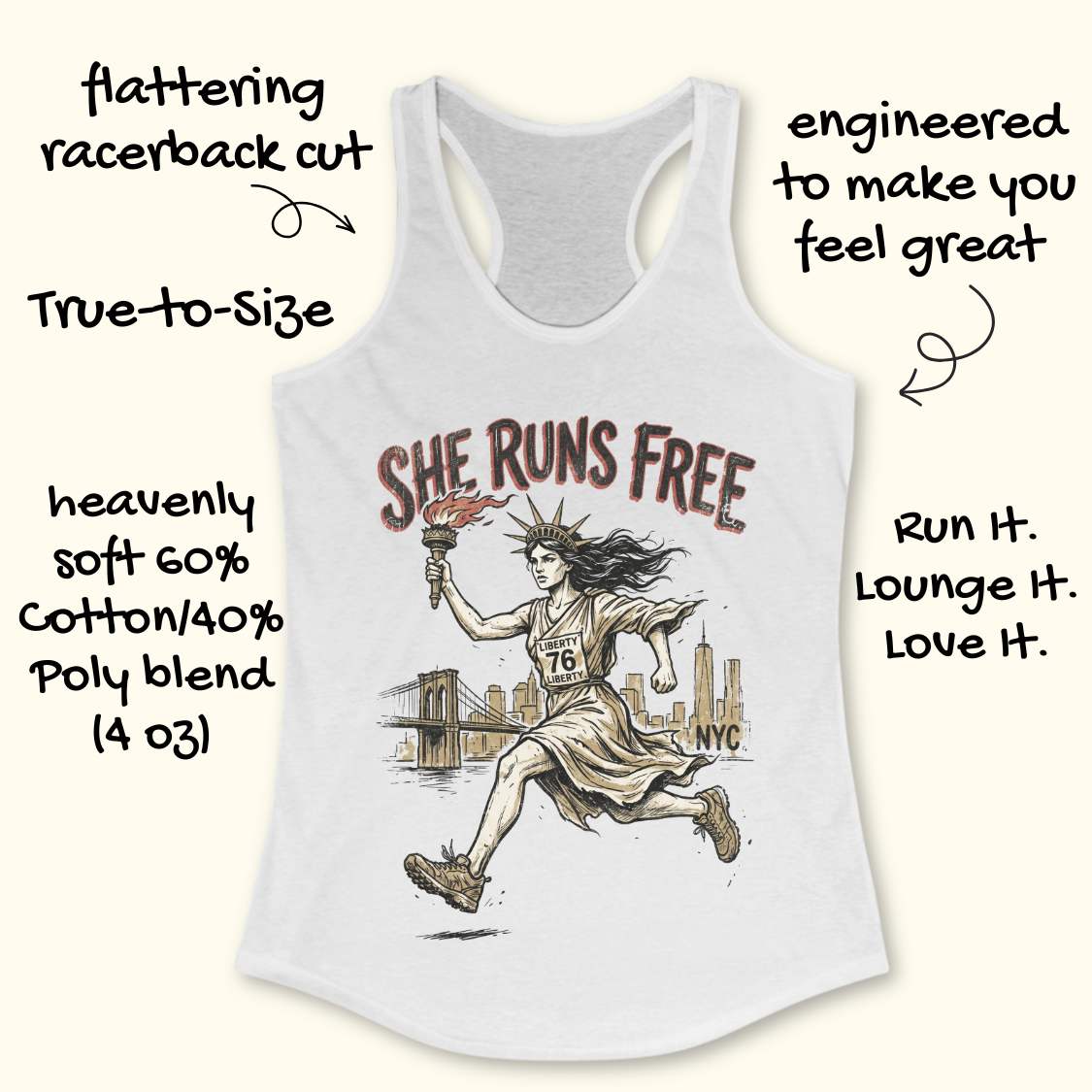 white tank top with a design of lady liberty running and text - 'she runs free NYC', on a white surface.