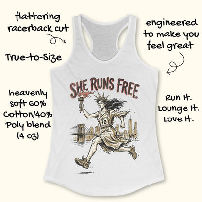 white tank top with a design of lady liberty running and text - 'she runs free NYC', on a white surface.