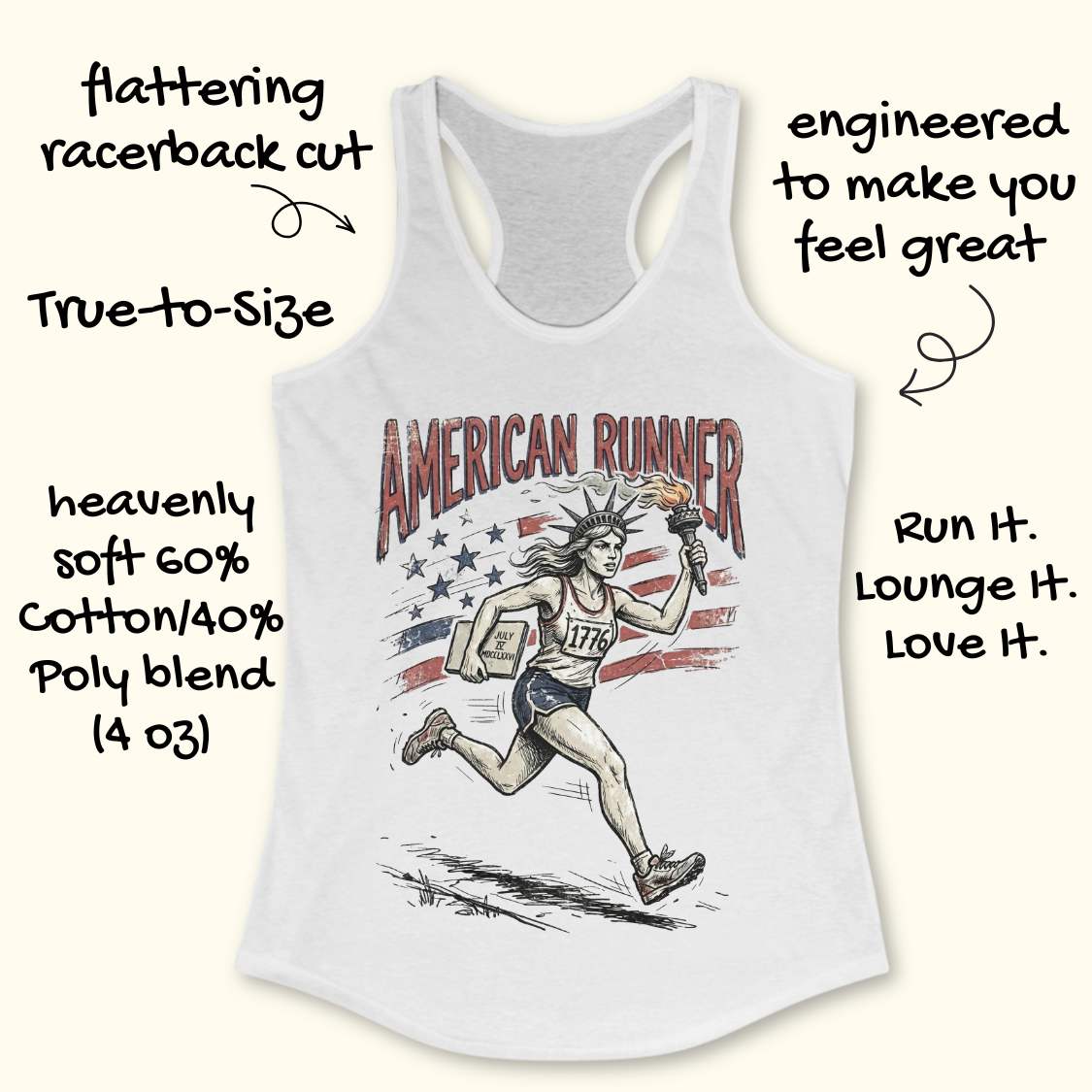 white tank top with a design of lady liberty running and text - 'American runner', on a white surface.