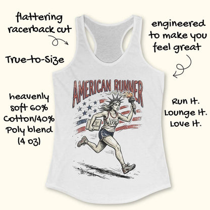white tank top with a design of lady liberty running and text - 'American runner', on a white surface.