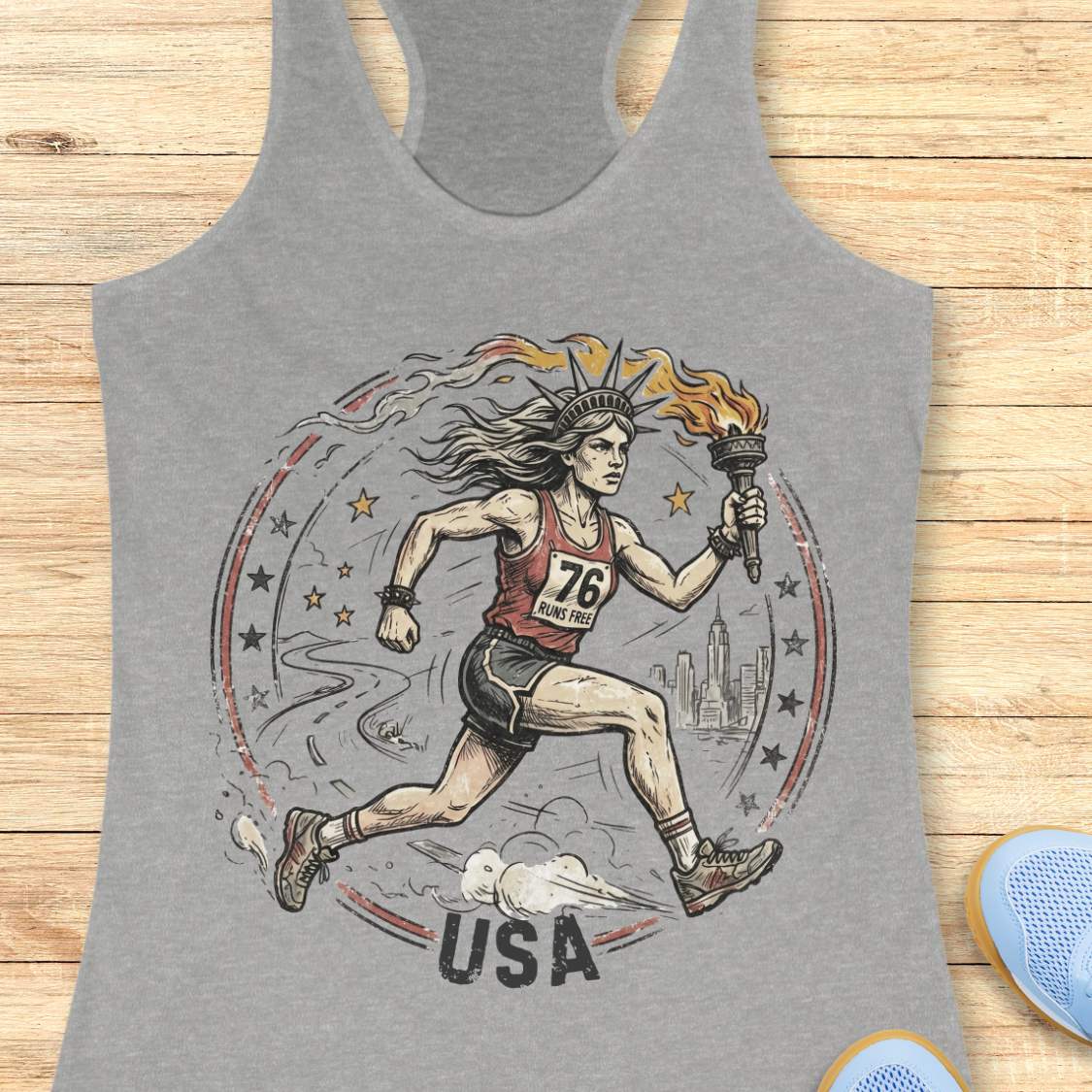 Gray tank top with a graphic design of a lady liberty as a runner and 'USA' text on a wooden surface.