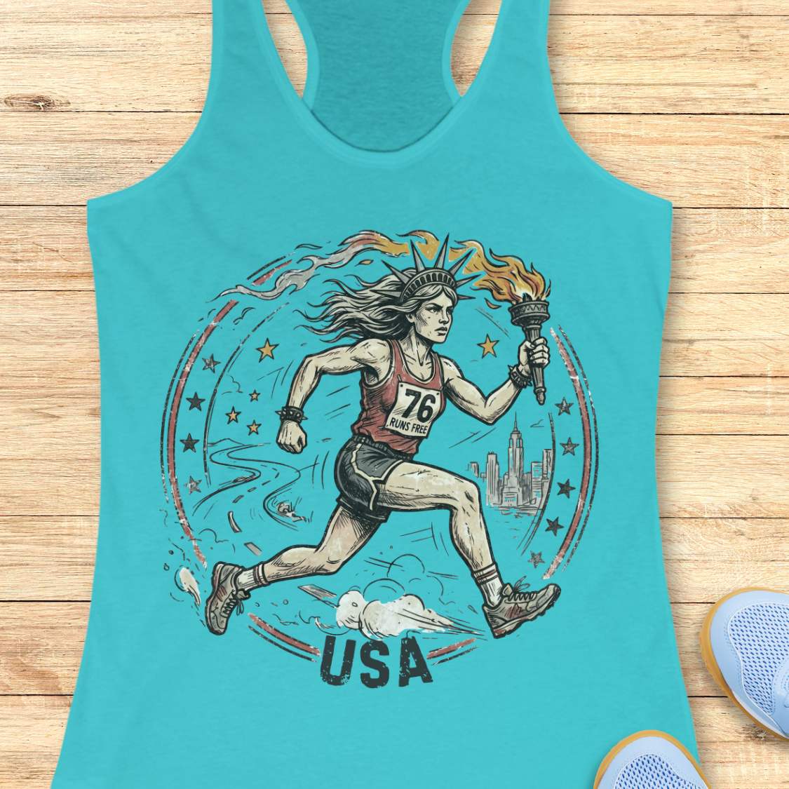 Turquoise tank top with a graphic of lady liberty as a runner and 'USA' text on a wooden surface