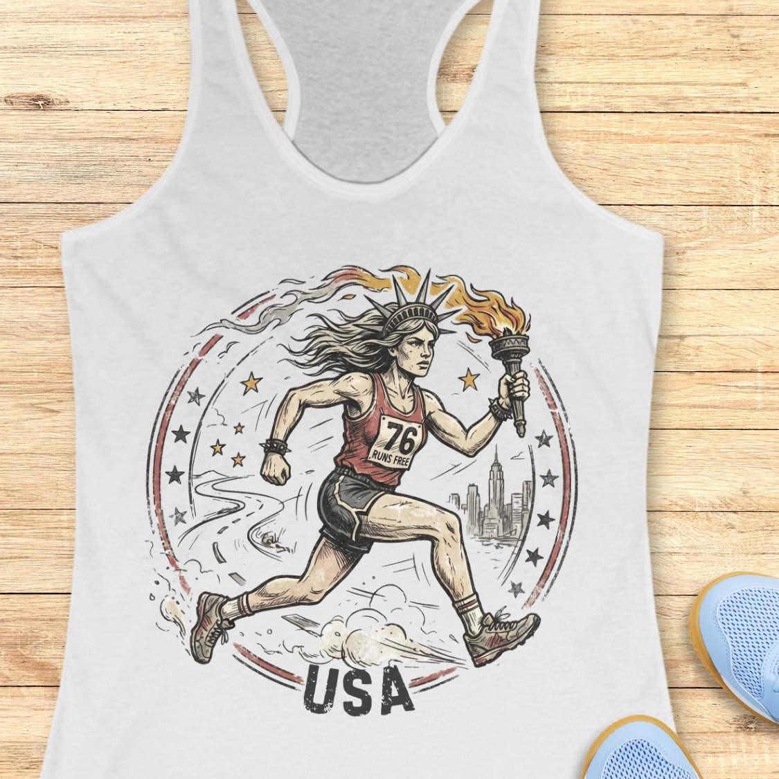 white tank top with a graphic design of a lady liberty as a runner and 'USA' text on a wooden surface.