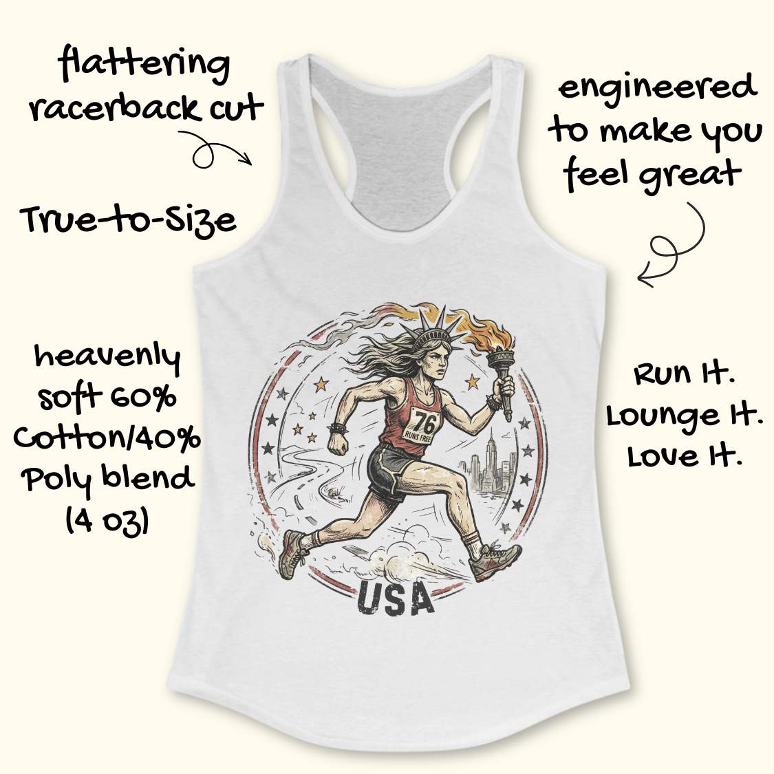 White tank top with a graphic of a runner and 'USA' text on a white surface