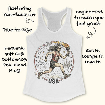 White tank top with a graphic of a runner and 'USA' text on a white surface
