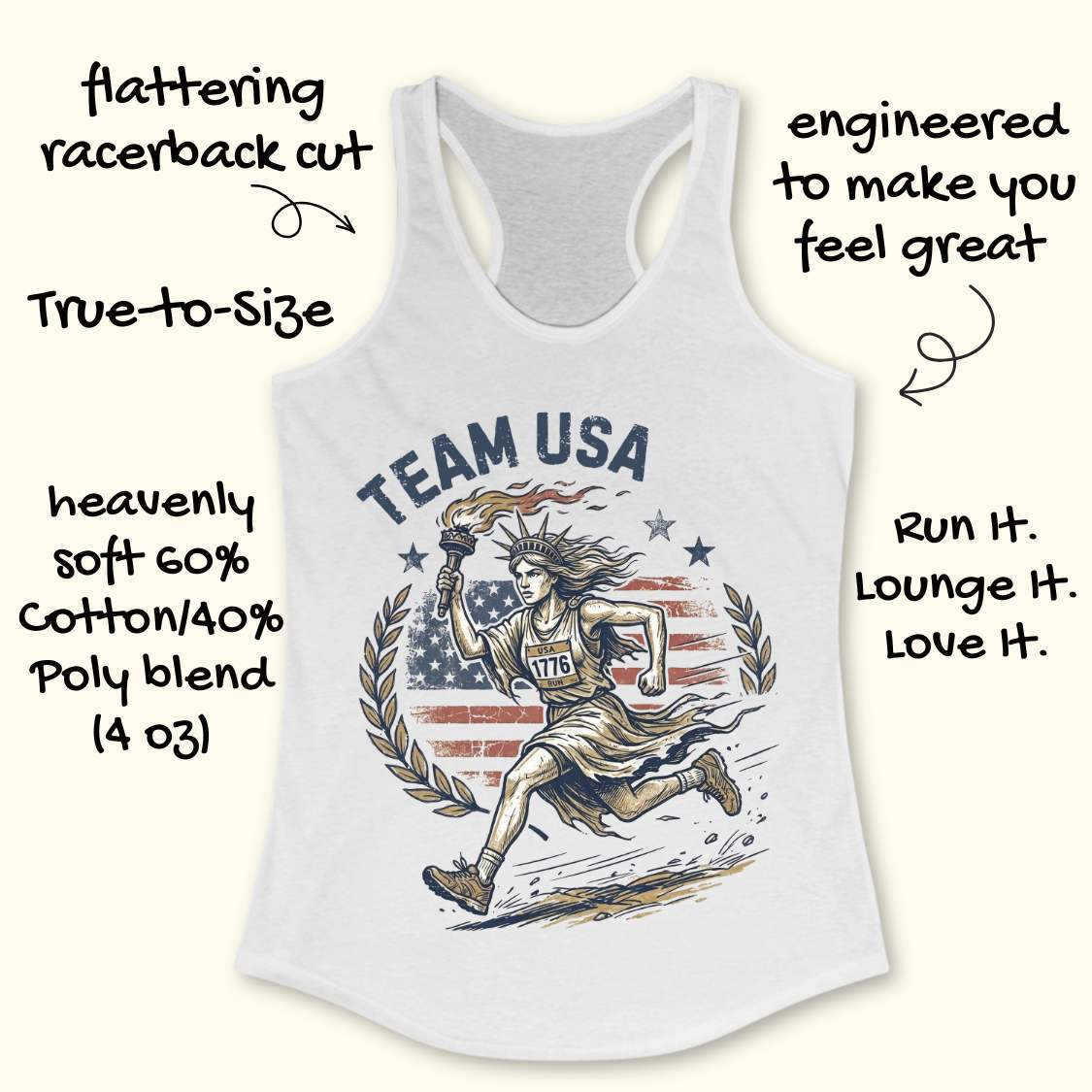 White tank top with 'Team USA' design featuring a running figure and American flag on a white background.
