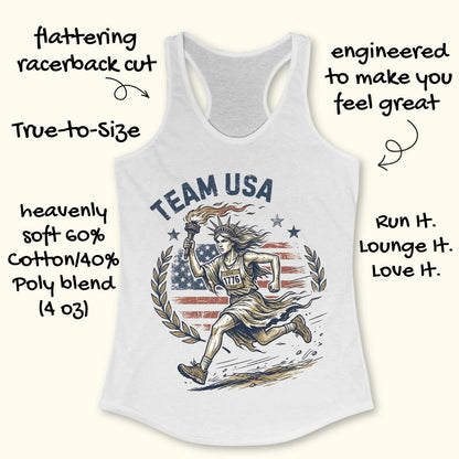 White tank top with 'Team USA' design featuring a running figure and American flag on a white background.