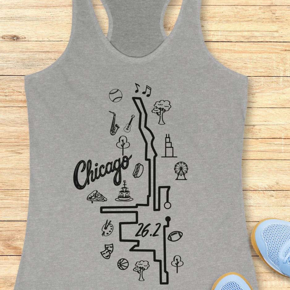 grey tank top with a map of the marathon route in Chicago, with the text Chicago and 26.2, on a wooden background