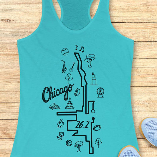 blue tank top with a map of the marathon route in Chicago, with the text Chicago and 26.2, on a wooden background