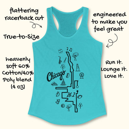 blue tank top with a map of the marathon route in Chicago, with the text Chicago and 26.2, on a white background