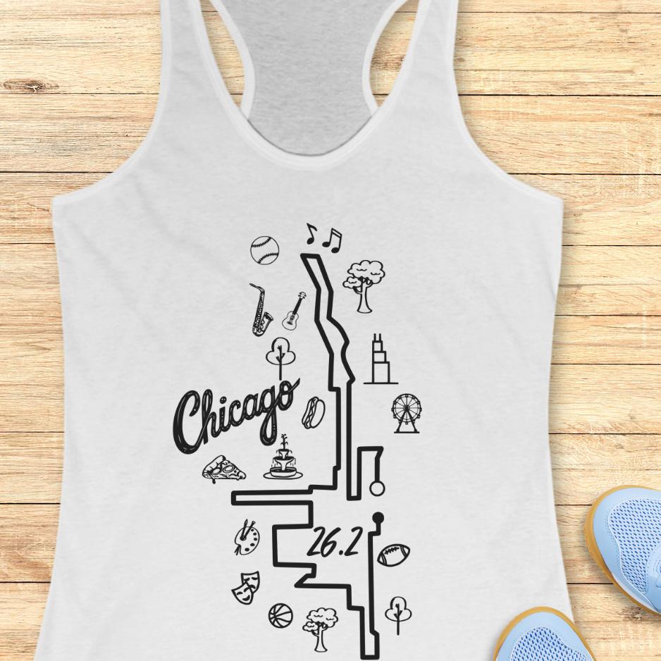 white tank top with a map of the marathon route in Chicago, with the text Chicago and 26.2, on a wooden background