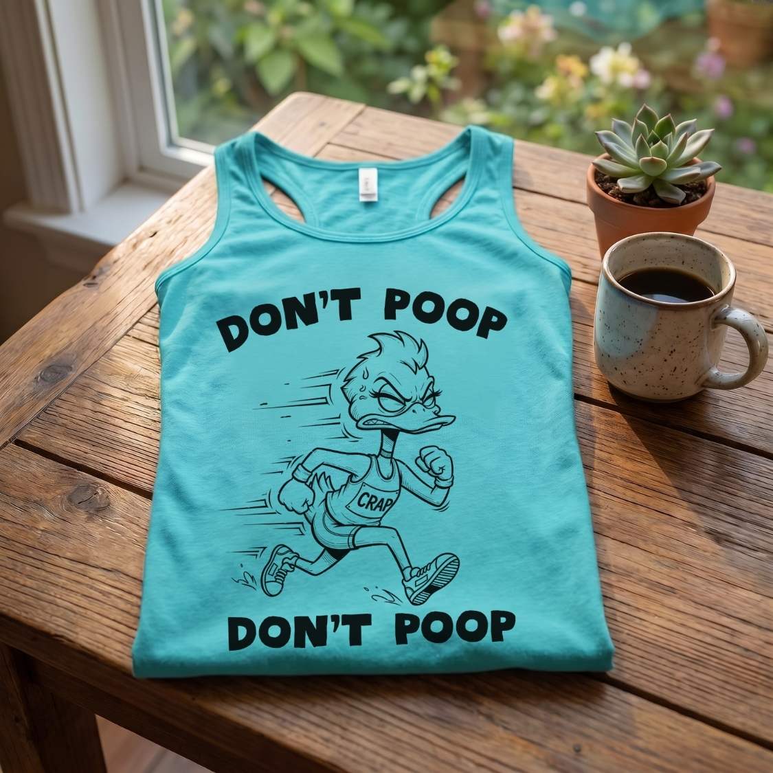 Teal blue graphic tank top featuring an angry cartoon duck wearing a "CRAP" bib and running, with "DON'T POOP" text repeated, on a light wood table with plants