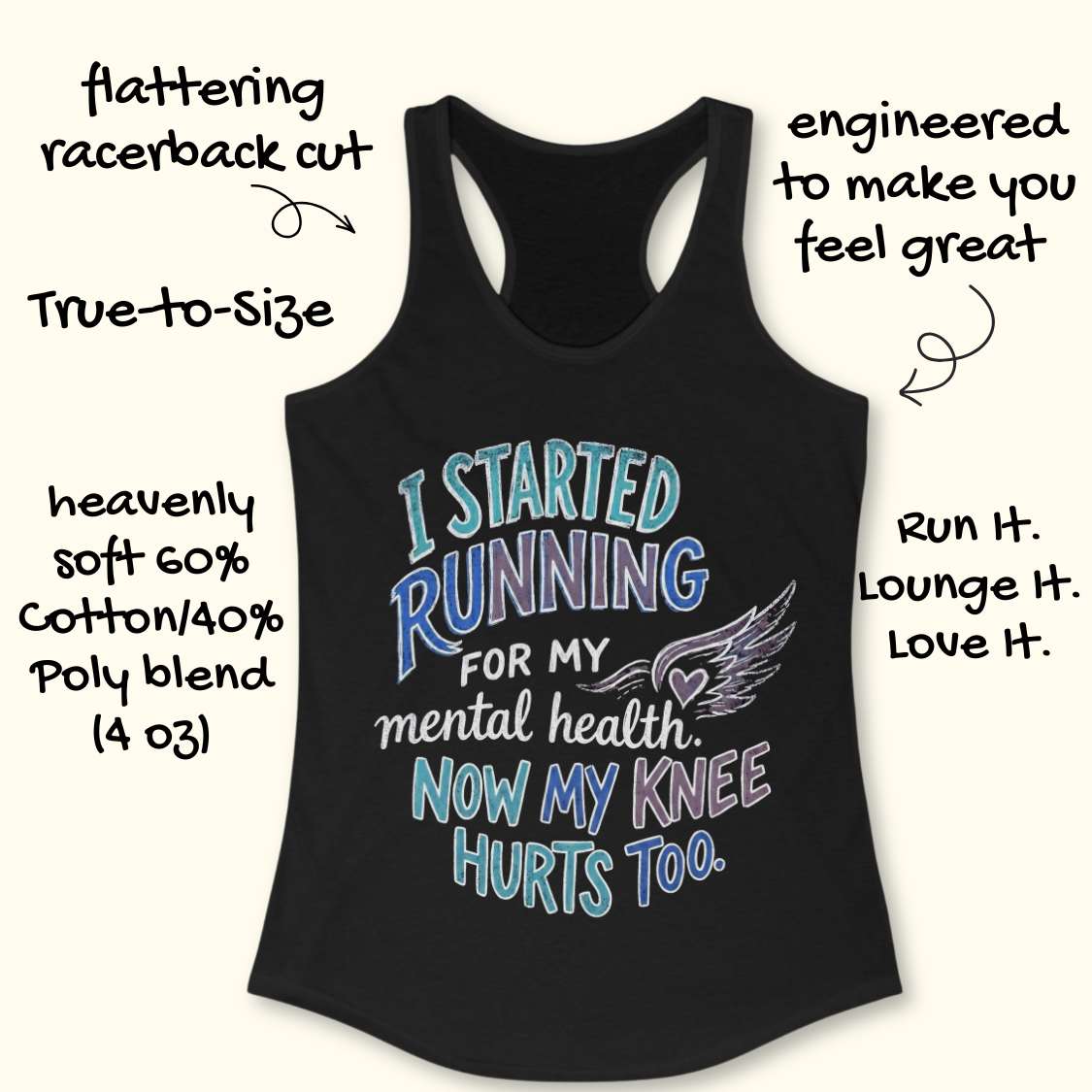 Black tank top with humorous text design on a white background