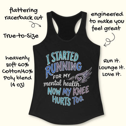Black tank top with humorous text design on a white background