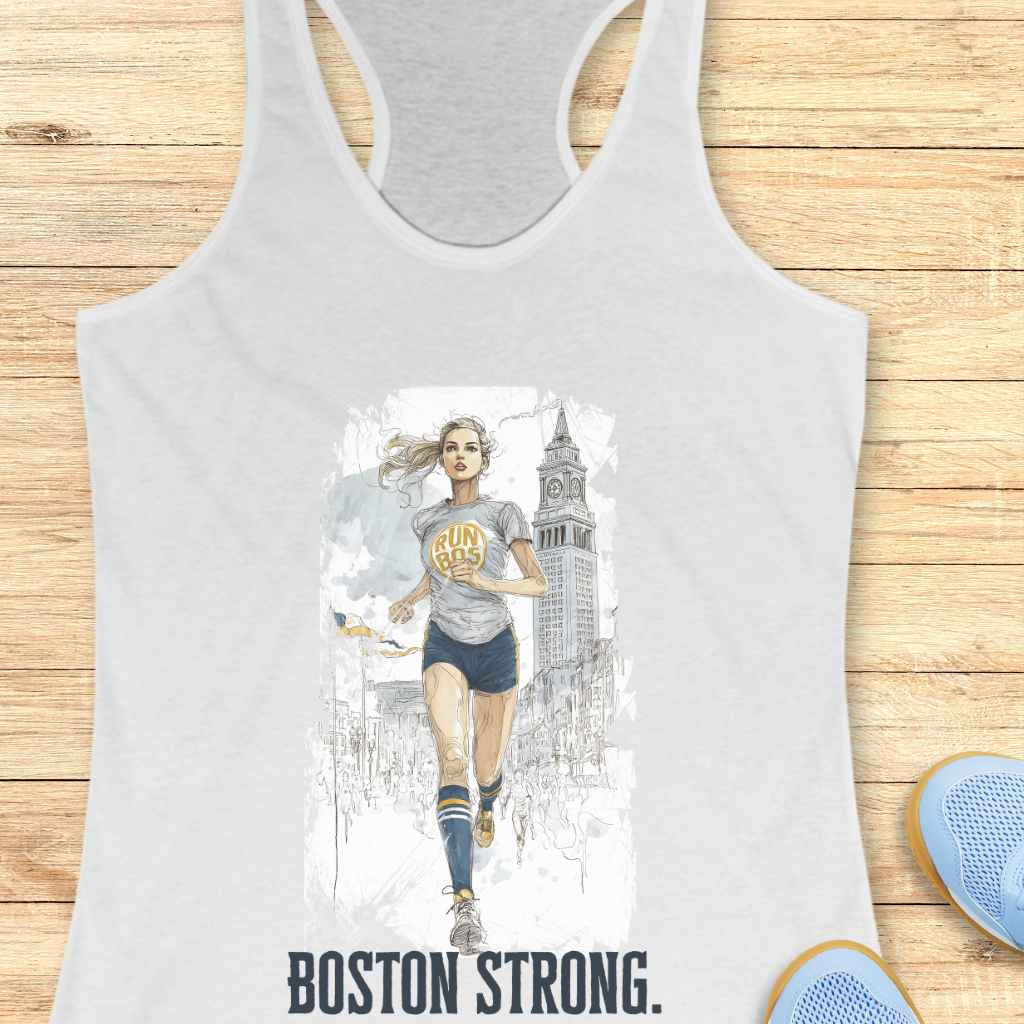 Illustration of a blonde female runner wearing a grey 'RUN BOS' t-shirt, blue shorts, and blue and yellow striped socks, set against a sketch of Boston featuring the iconic Custom House Tower, with 'BOSTON STRONG' text below