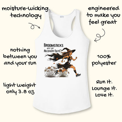 White racerback tank top with a graphic of a witch running and the text 'Broomsticks are for Recovery Days.' surrounded by black handwritten marketing text on a light cream background.
