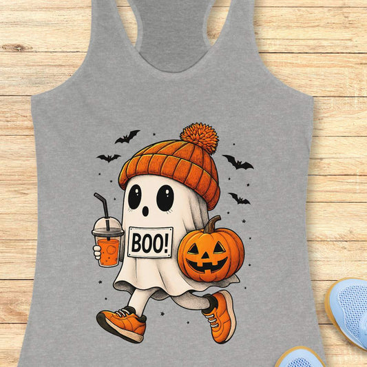 Gray tank top with Halloween ghost design on a wooden surface