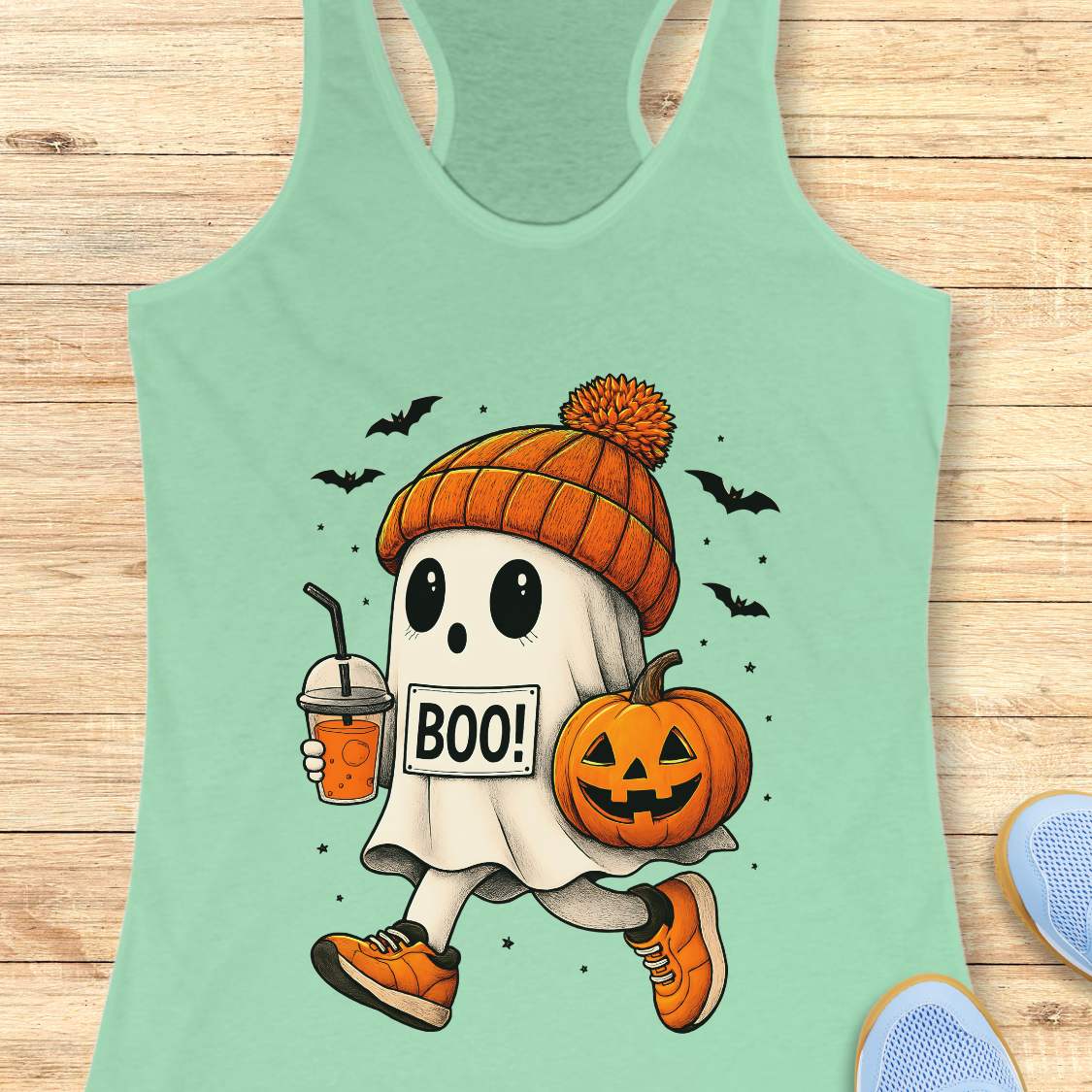 mint tank top with Halloween ghost design on a wooden surface