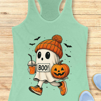 mint tank top with Halloween ghost design on a wooden surface