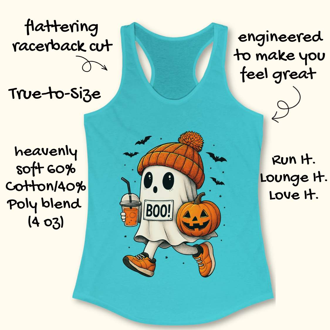 blue tank top with Halloween ghost design on a wooden surface