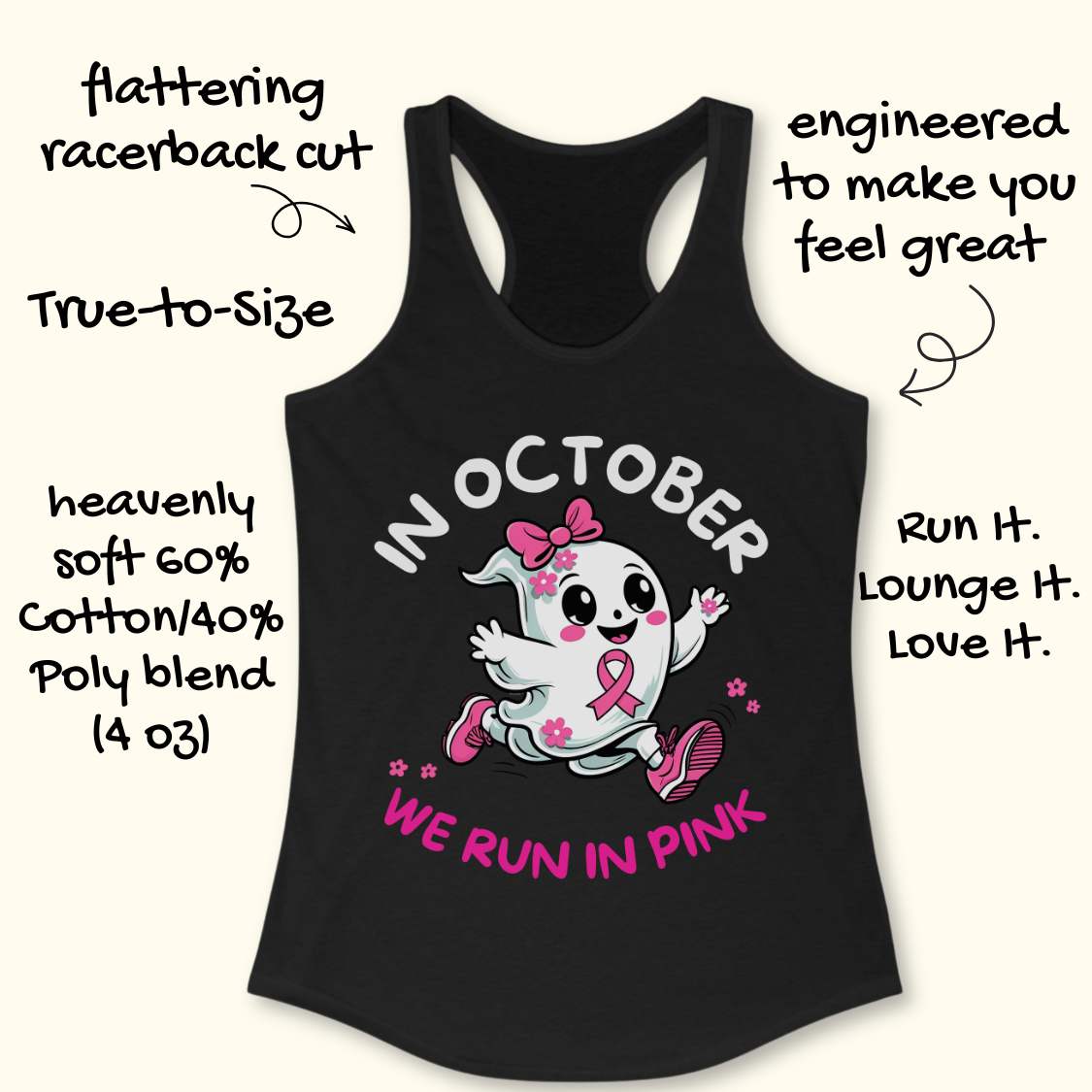 black tank top with a cartoon ghost and pink ribbon design with the text - 'in October we run in pink', on a wooden surface.
