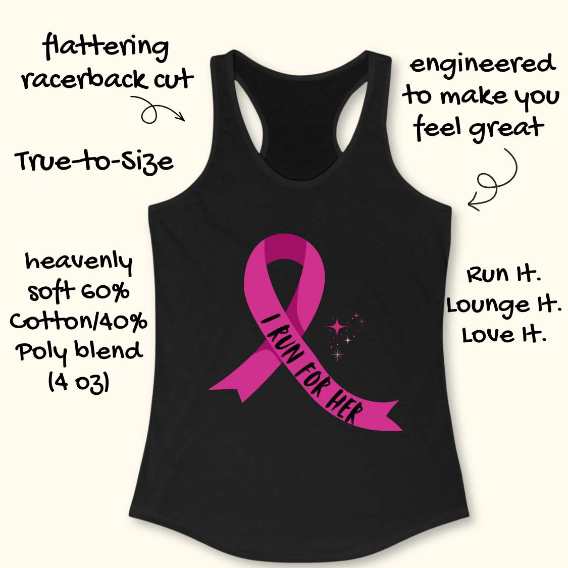 Black tank top with pink ribbon and 'I Run for Her' text on a wooden surface with sneakers and earphones.
