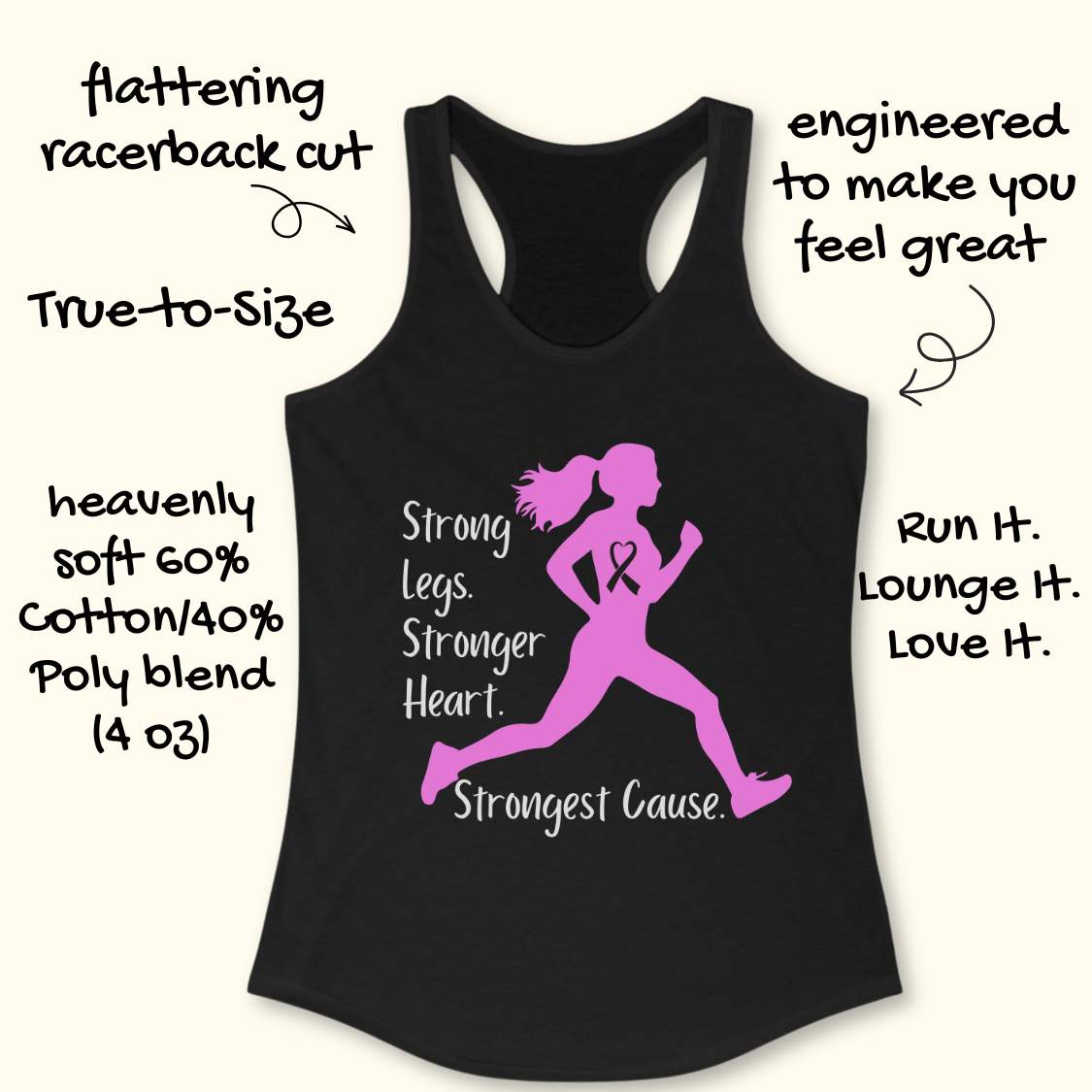 Black tank top with pink running woman graphic and text on a white surface 